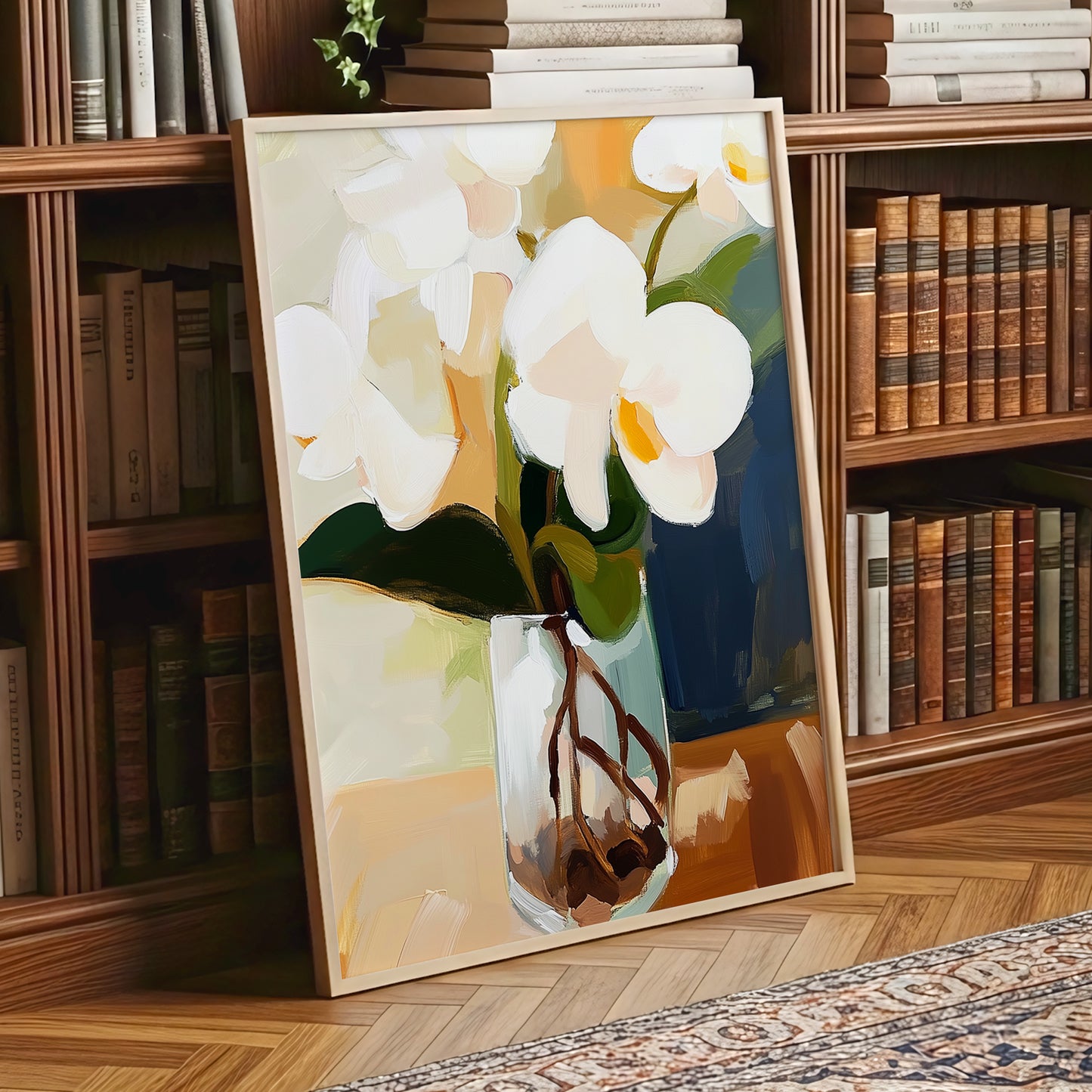 Orchids in Amber Light, white, green, beige floral wall art displayed in a styled interior, gallery view 9