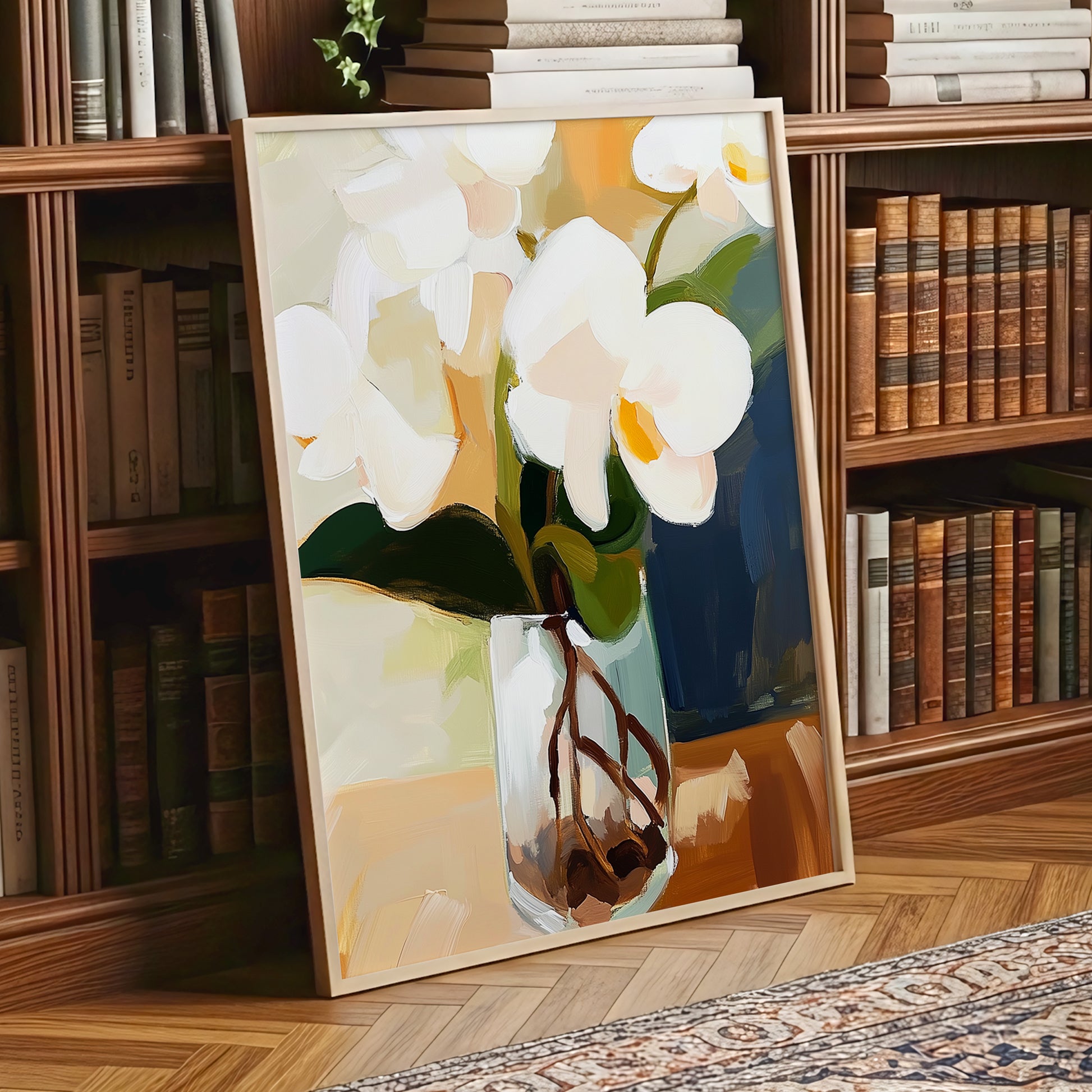 Orchids in Amber Light, white, green, beige floral wall art displayed in a styled interior, gallery view 9