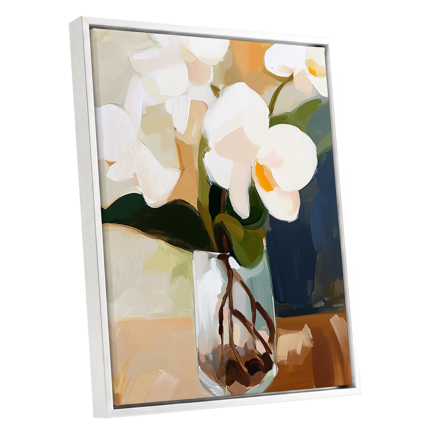 Orchids in Amber Light, white, green, beige floral wall art shown as a white framed canvas wall art