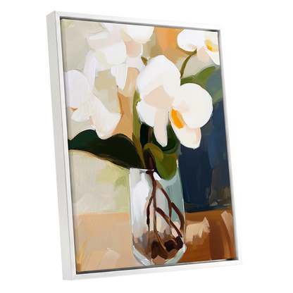 Orchids in Amber Light, white, green, beige floral wall art shown as a white framed canvas wall art