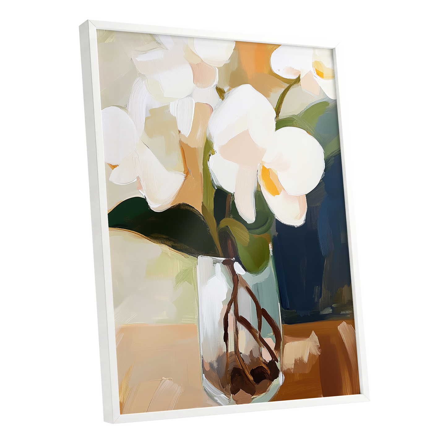 Orchids in Amber Light, white, green, beige floral wall art shown as a white framed poster wall art print