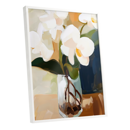 Orchids in Amber Light, white, green, beige floral wall art shown as a white framed poster wall art print