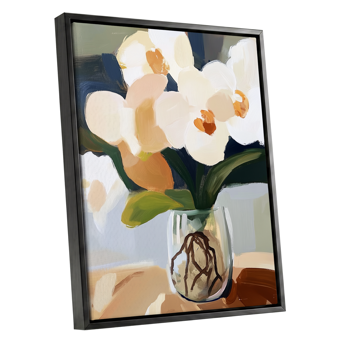 Orchids in Quiet Light, white, beige, green floral wall art shown as a black framed canvas wall art
