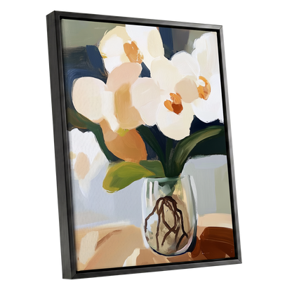 Orchids in Quiet Light, white, beige, green floral wall art shown as a black framed canvas wall art