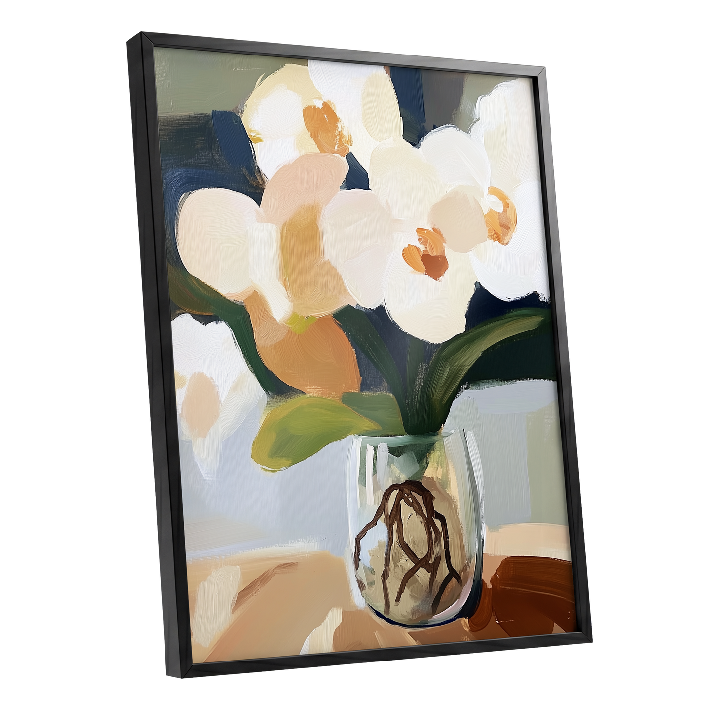 Orchids in Quiet Light, white, beige, green floral wall art shown as a black framed poster wall art print