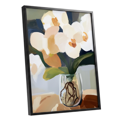 Orchids in Quiet Light, white, beige, green floral wall art shown as a black framed poster wall art print