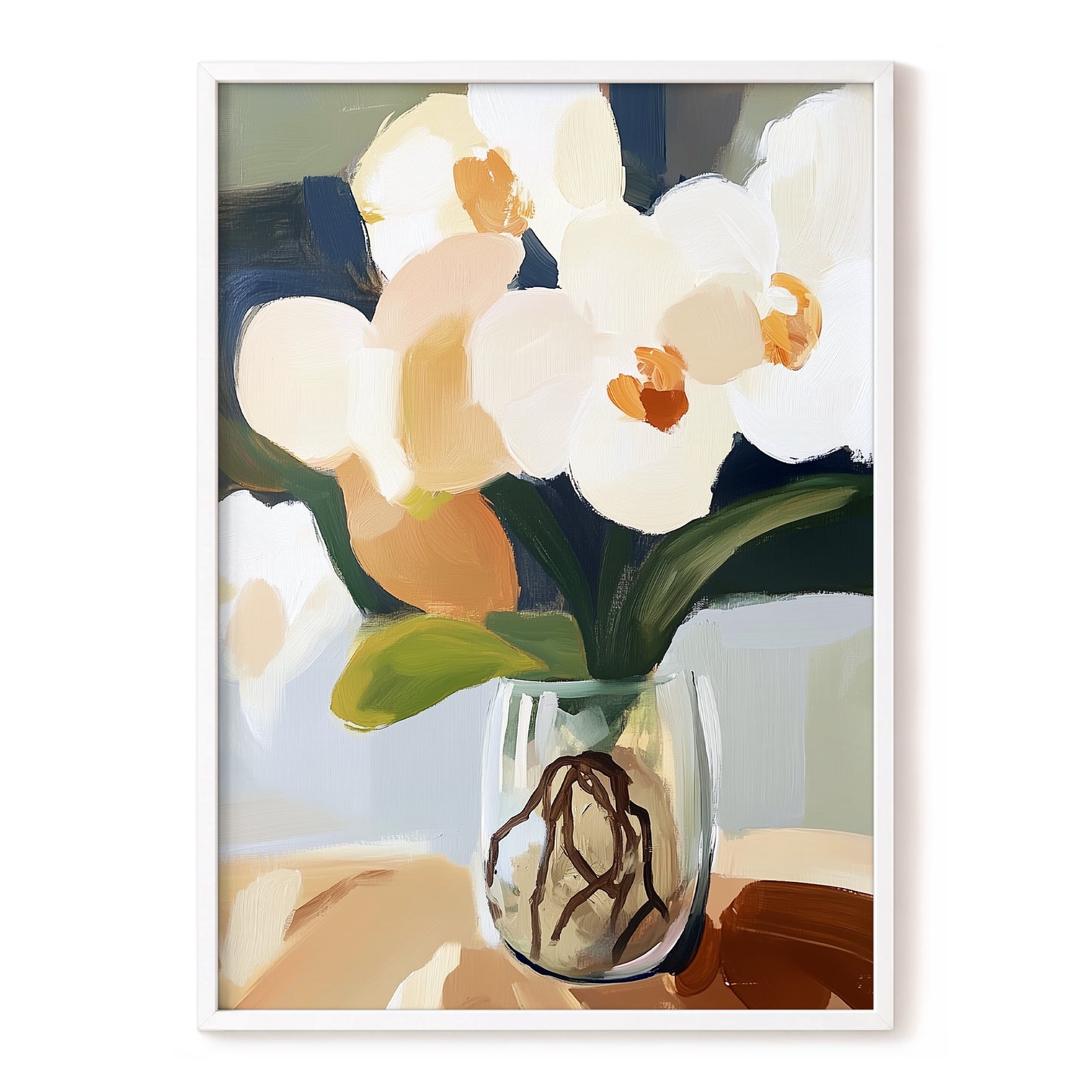 Orchids in Quiet Light, white, beige, green floral wall art, front artwork view