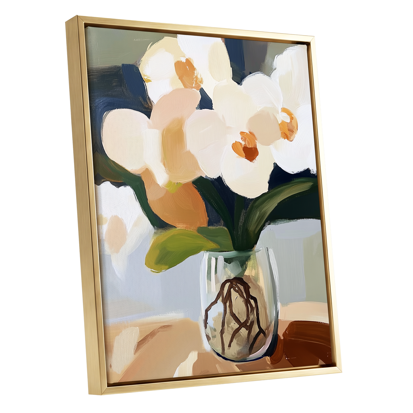 Orchids in Quiet Light, white, beige, green floral wall art shown as a gold framed canvas wall art