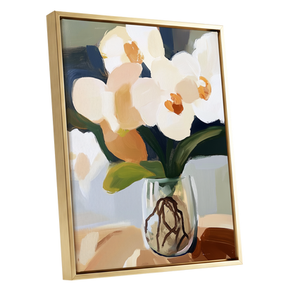 Orchids in Quiet Light, white, beige, green floral wall art shown as a gold framed canvas wall art