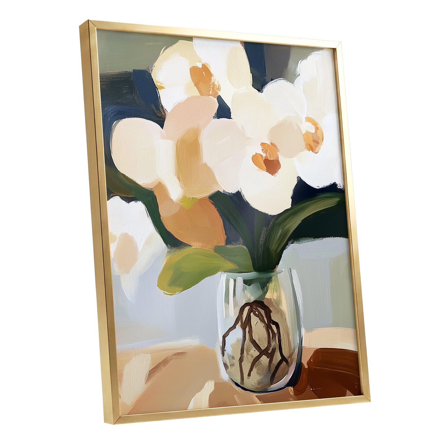 Orchids in Quiet Light, white, beige, green floral wall art shown as a gold framed poster wall art print