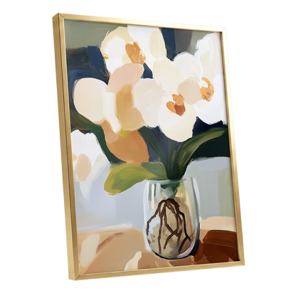 Orchids in Quiet Light, white, beige, green floral wall art shown as a gold framed poster wall art print