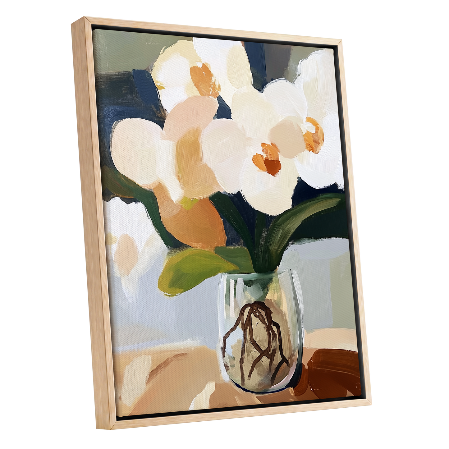 Orchids in Quiet Light, white, beige, green floral wall art shown as a oak framed canvas wall art