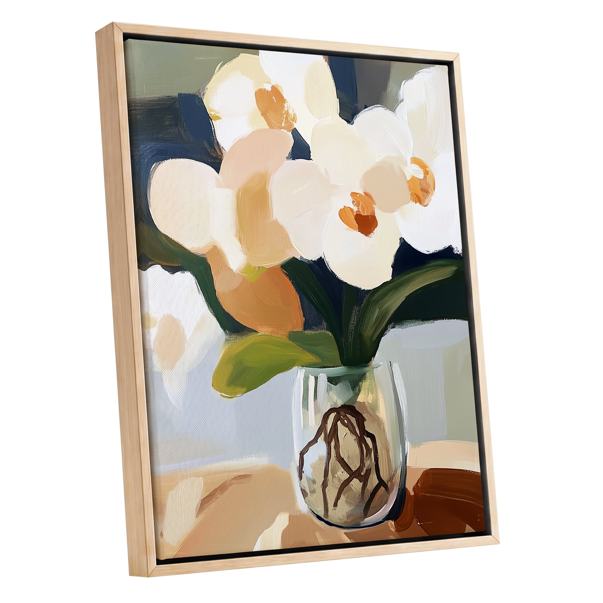 Orchids in Quiet Light, white, beige, green floral wall art shown as a oak framed canvas wall art