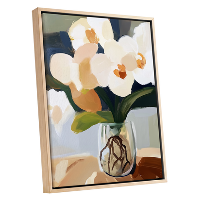 Orchids in Quiet Light, white, beige, green floral wall art shown as a oak framed canvas wall art
