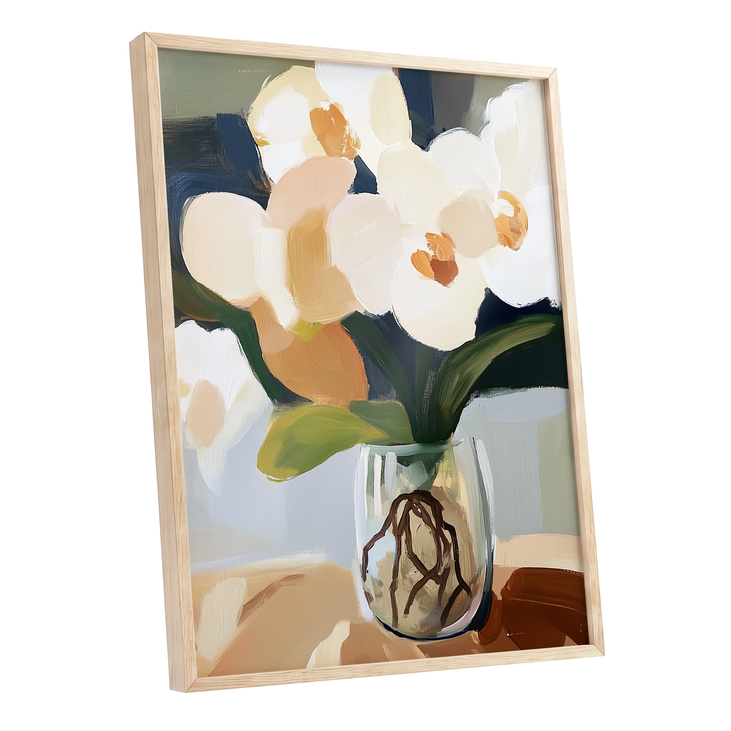 Orchids in Quiet Light, white, beige, green floral wall art shown as a oak framed poster wall art print