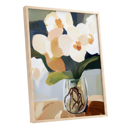 Orchids in Quiet Light, white, beige, green floral wall art shown as a oak framed poster wall art print