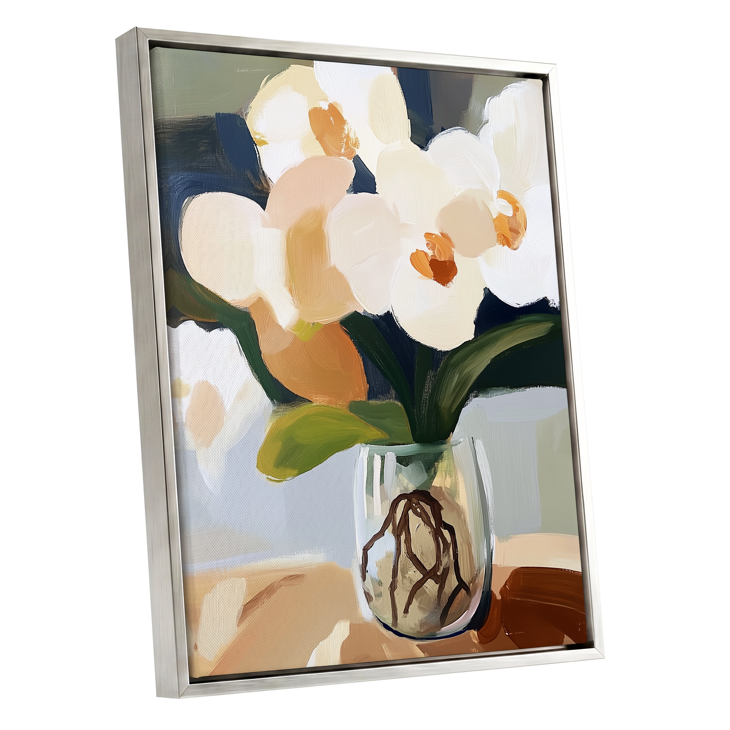 Orchids in Quiet Light, white, beige, green floral wall art shown as a silver framed canvas wall art