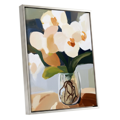 Orchids in Quiet Light, white, beige, green floral wall art shown as a silver framed canvas wall art
