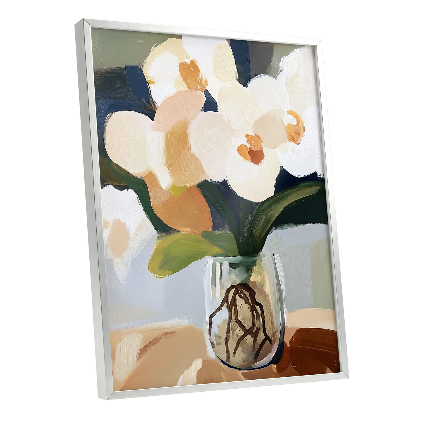 Orchids in Quiet Light, white, beige, green floral wall art shown as a silver framed poster wall art print