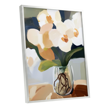 Orchids in Quiet Light, white, beige, green floral wall art shown as a silver framed poster wall art print