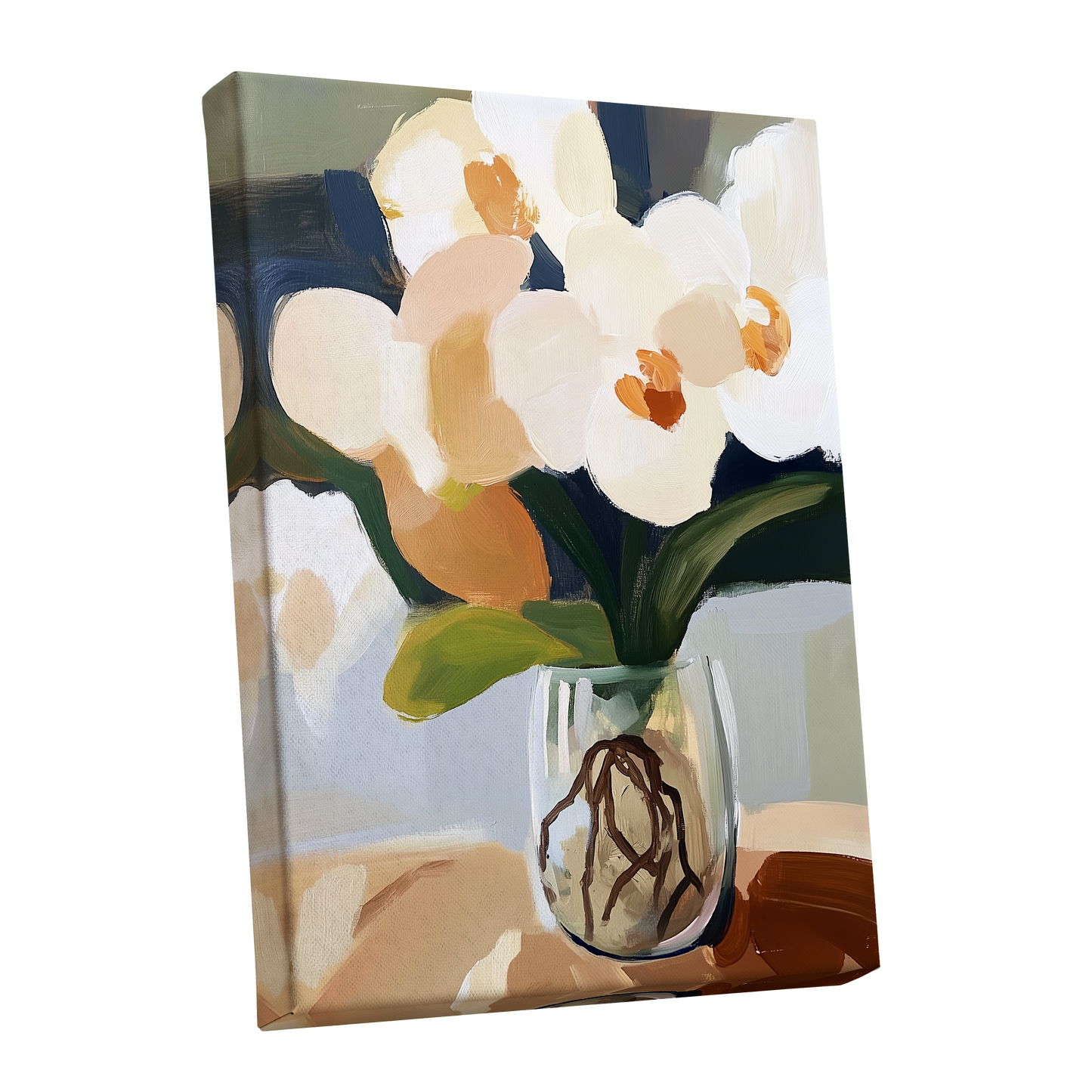 Orchids in Quiet Light, white, beige, green floral wall art shown as a stretched canvas wall art
