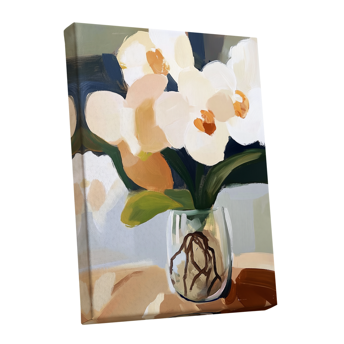Orchids in Quiet Light, white, beige, green floral wall art shown as a stretched canvas wall art