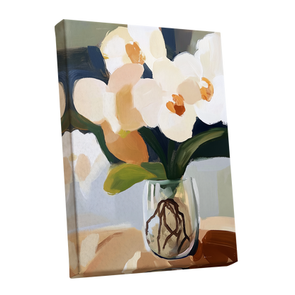 Orchids in Quiet Light, white, beige, green floral wall art shown as a stretched canvas wall art