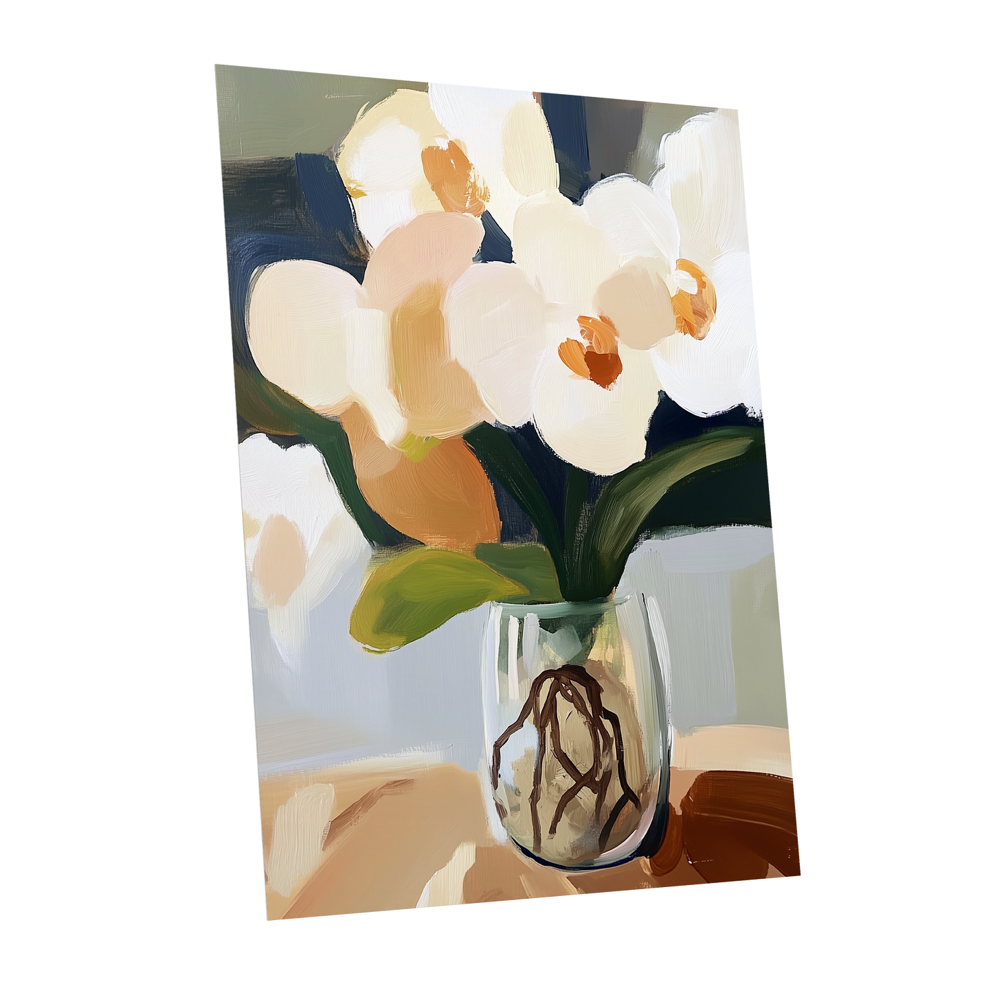 Orchids in Quiet Light, white, beige, green floral wall art shown as a unframed poster wall art print