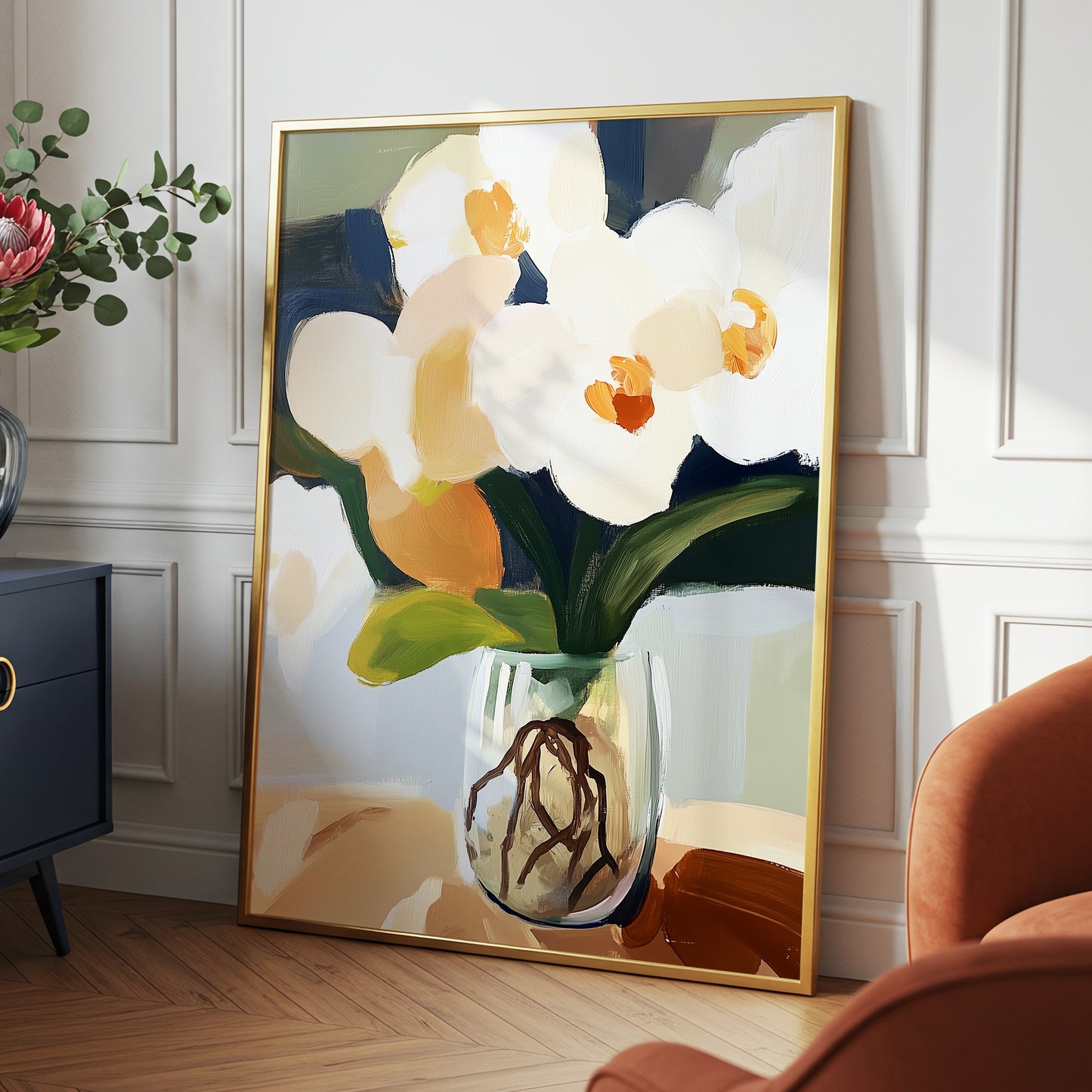 Orchids in Quiet Light, white, beige, green floral wall art displayed in a styled interior, gallery view 2