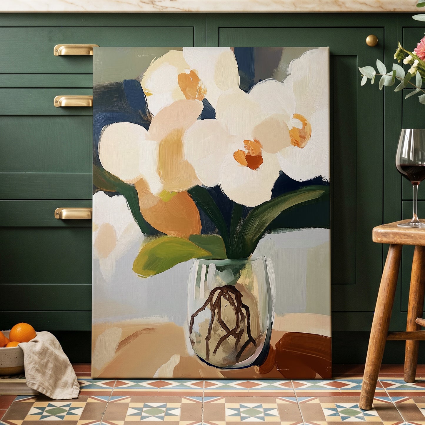 Orchids in Quiet Light, white, beige, green floral wall art displayed in a styled interior, gallery view 3