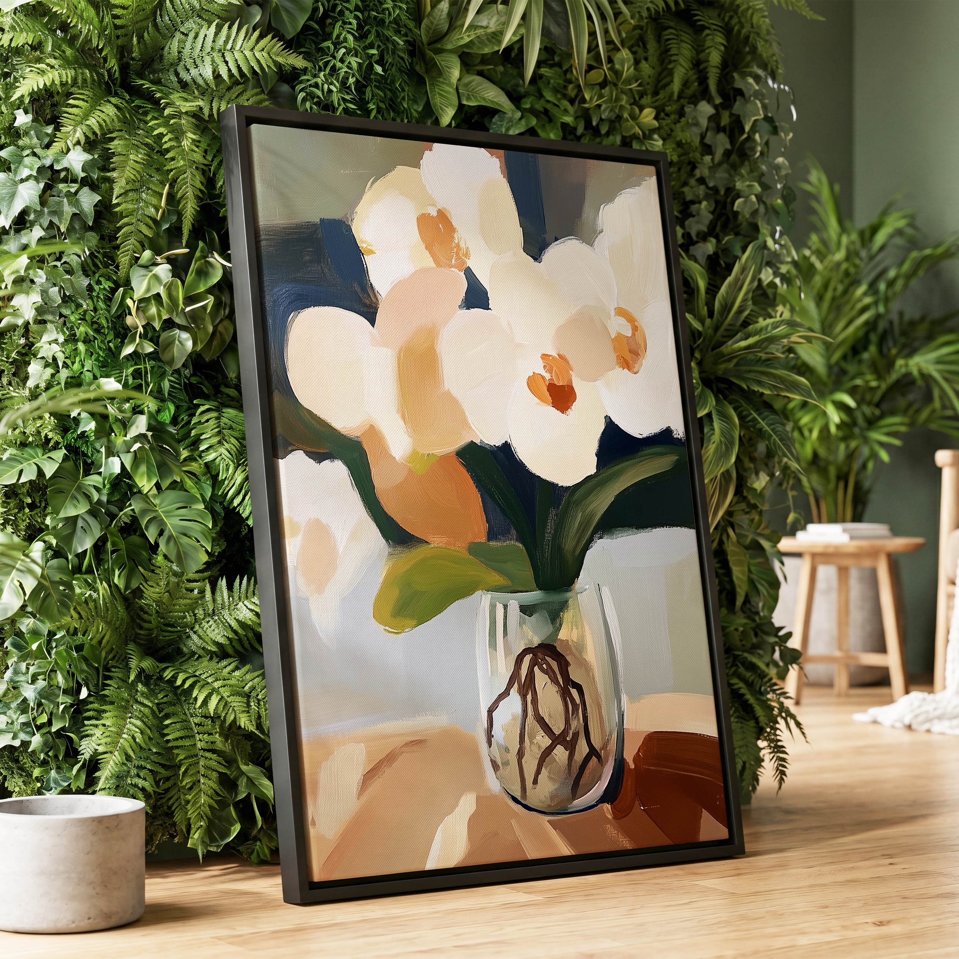 Orchids in Quiet Light, white, beige, green floral wall art displayed in a styled interior, gallery view 4