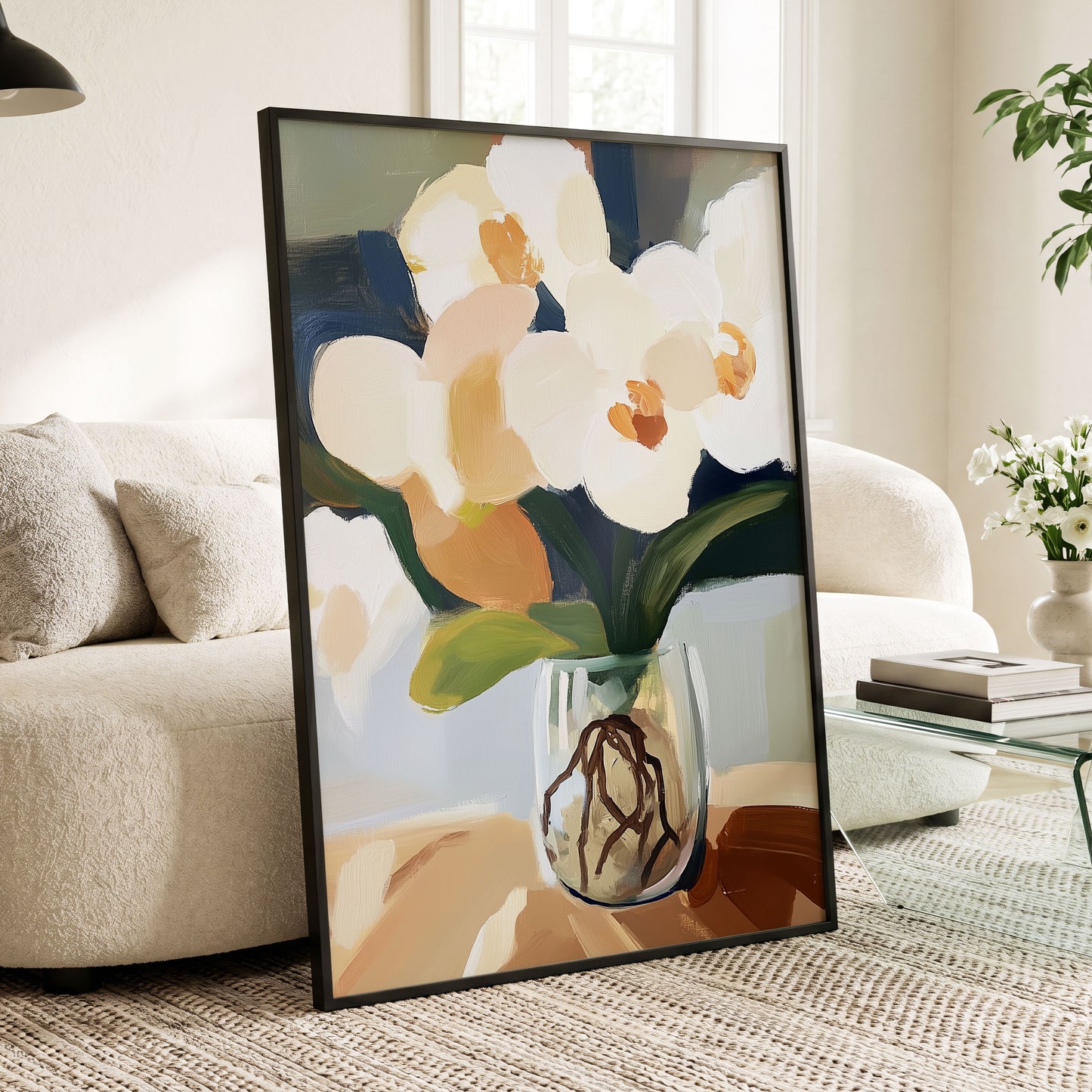 Orchids in Quiet Light, white, beige, green floral wall art displayed in a styled interior, gallery view 6