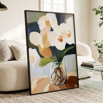 Orchids in Quiet Light, white, beige, green floral wall art displayed in a styled interior, gallery view 6