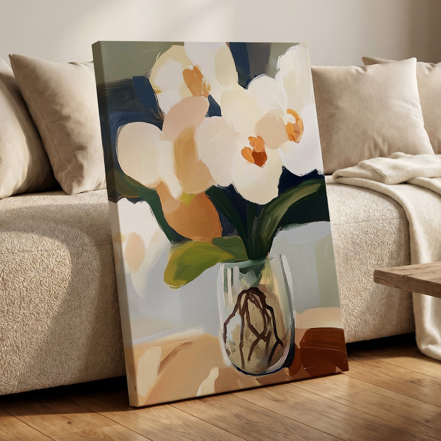 Orchids in Quiet Light, white, beige, green floral wall art displayed in a styled interior, gallery view 7