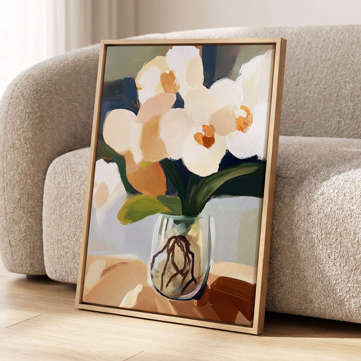 Orchids in Quiet Light, white, beige, green floral wall art displayed in a styled interior, gallery view 8