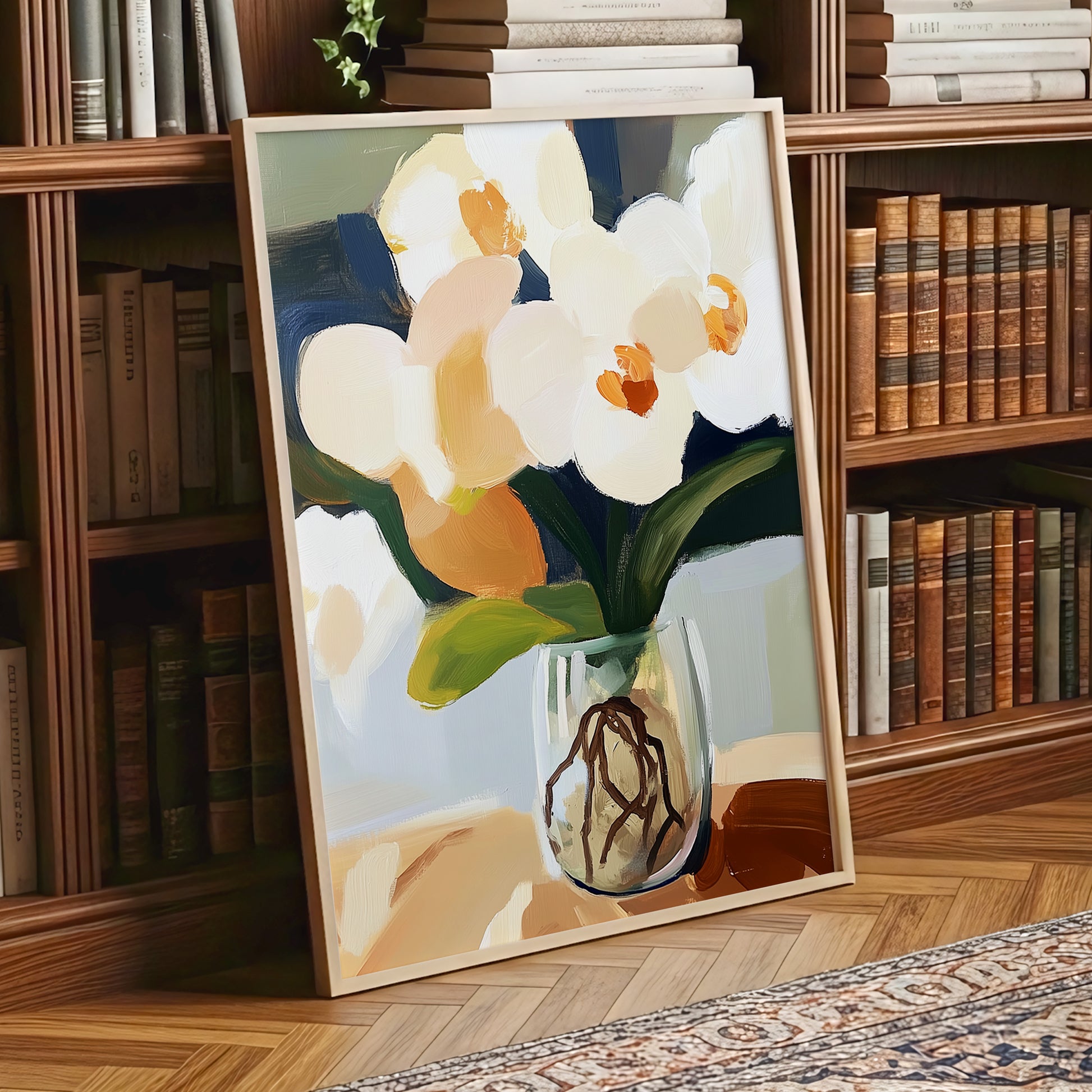 Orchids in Quiet Light, white, beige, green floral wall art displayed in a styled interior, gallery view 9