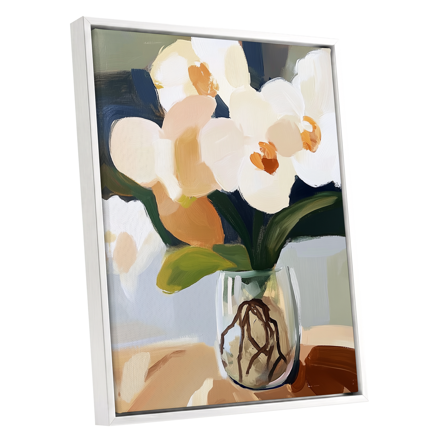 Orchids in Quiet Light, white, beige, green floral wall art shown as a white framed canvas wall art