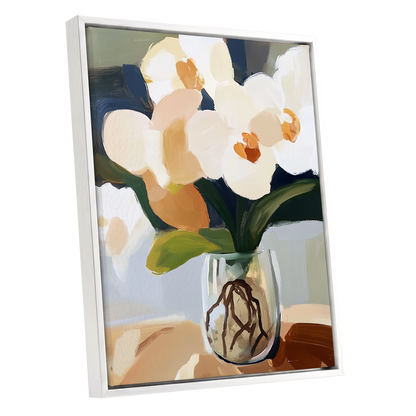 Orchids in Quiet Light, white, beige, green floral wall art shown as a white framed canvas wall art