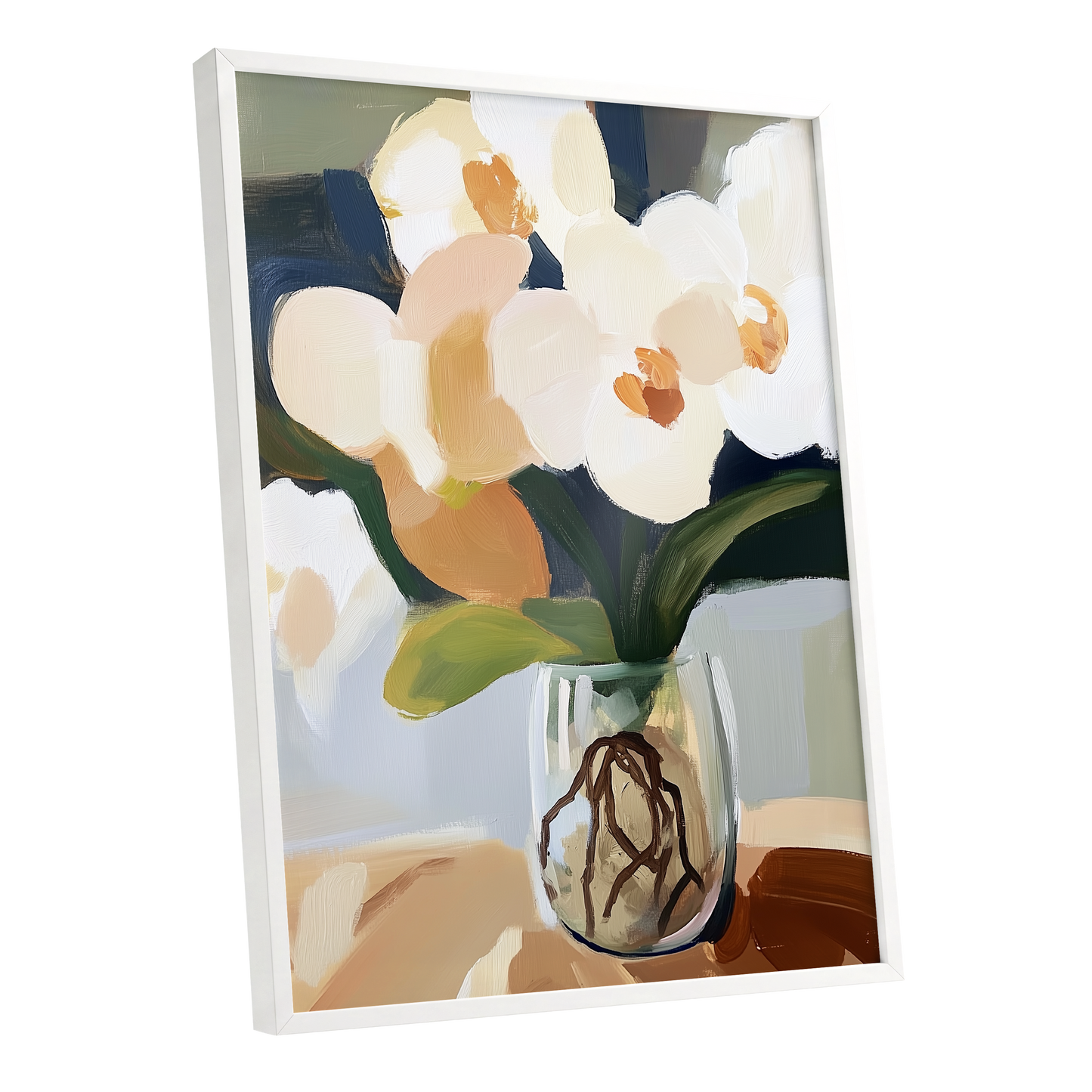 Orchids in Quiet Light, white, beige, green floral wall art shown as a white framed poster wall art print