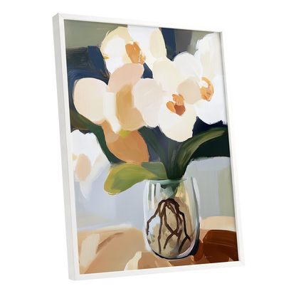 Orchids in Quiet Light, white, beige, green floral wall art shown as a white framed poster wall art print