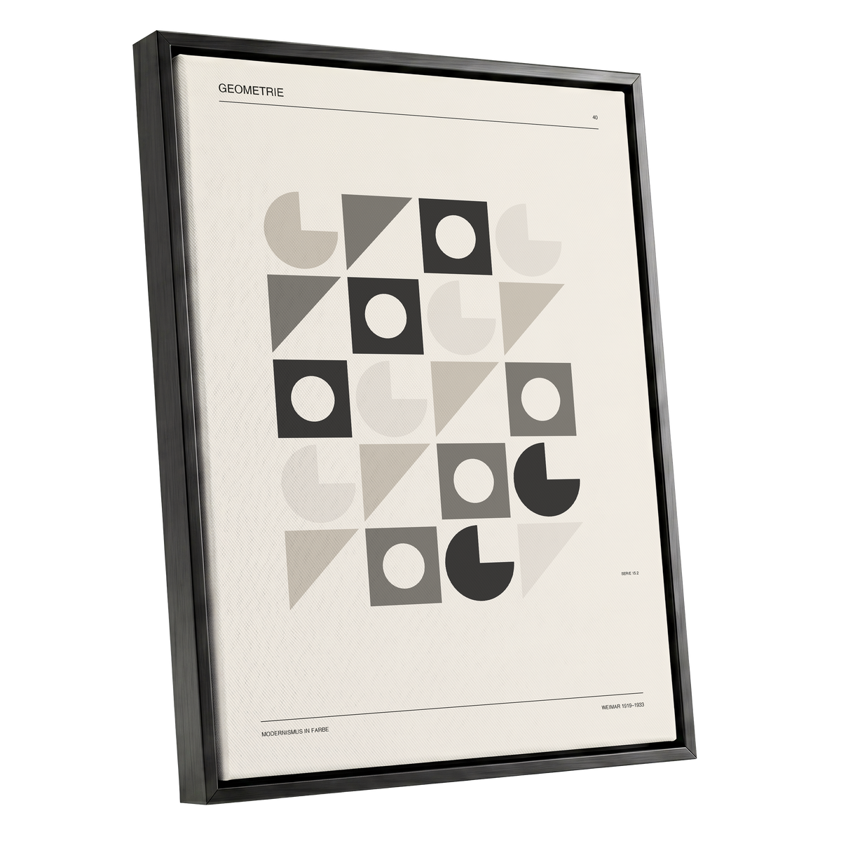 Ordered Geometries, beige, gray, black minimalist wall art shown as a black framed canvas wall art