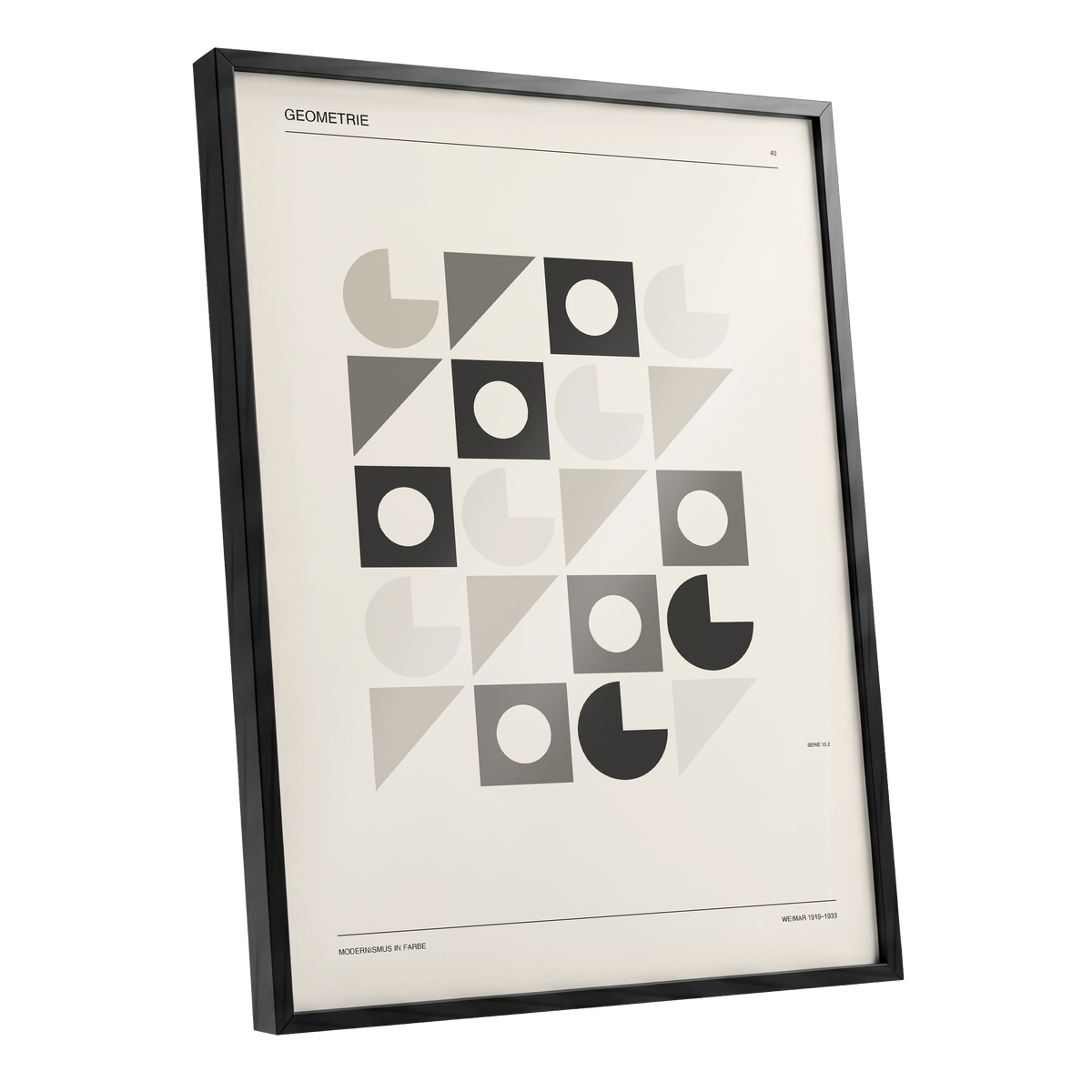 Ordered Geometries, beige, gray, black minimalist wall art shown as a black framed poster wall art print