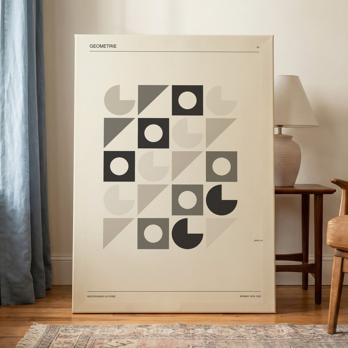 Ordered Geometries, beige, gray, black minimalist wall art on canvas displayed in a styled interior, gallery view 1