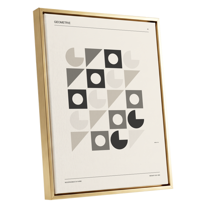Ordered Geometries, beige, gray, black minimalist wall art shown as a gold framed canvas wall art