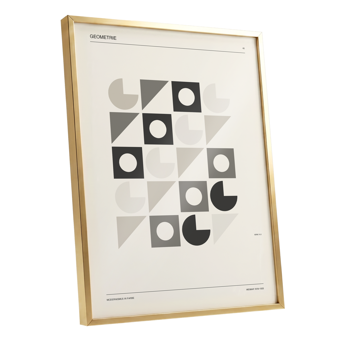 Ordered Geometries, beige, gray, black minimalist wall art shown as a gold framed poster wall art print