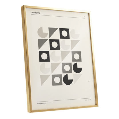Ordered Geometries, beige, gray, black minimalist wall art shown as a gold framed poster wall art print