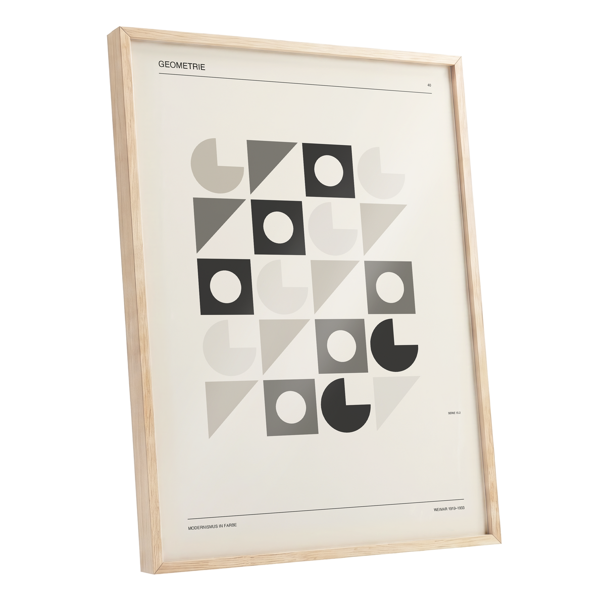 Ordered Geometries, beige, gray, black minimalist wall art shown as a oak framed poster wall art print