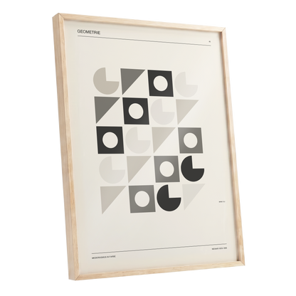 Ordered Geometries, beige, gray, black minimalist wall art shown as a oak framed poster wall art print