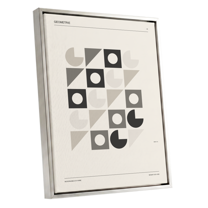 Ordered Geometries, beige, gray, black minimalist wall art shown as a silver framed canvas wall art