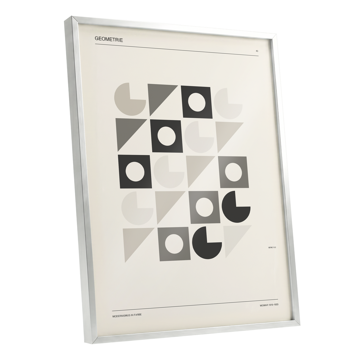 Ordered Geometries, beige, gray, black minimalist wall art shown as a silver framed poster wall art print